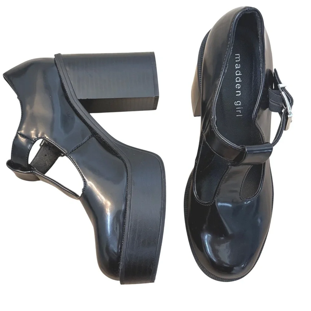 Madden Girl Black Patent Mary Jane Heels Platform Chunky Buckle Shoes Size 7